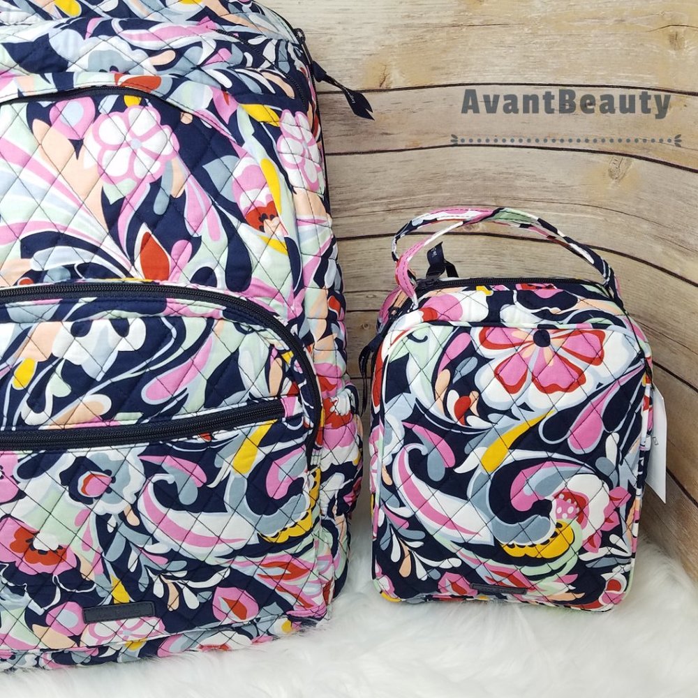 Vera Bradley Set Essential Backpack Mod Paisley Pink Cotton Bookbag Lunch Bunch - Picture 2 of 16